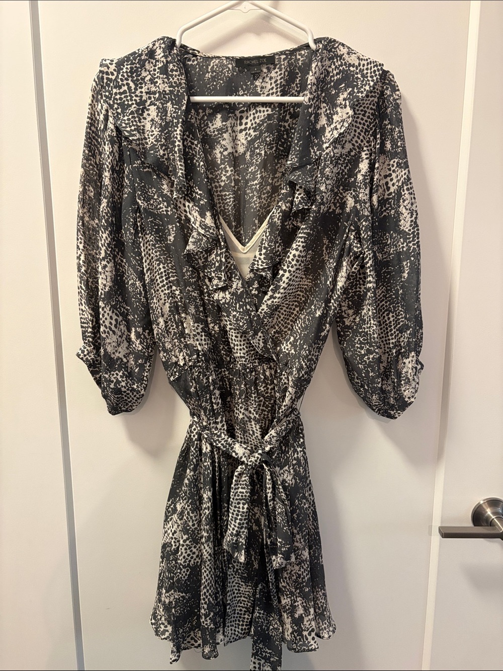 RACHEL Rachel Roy Black and White Printed Ruffle Wrap Mini Dress